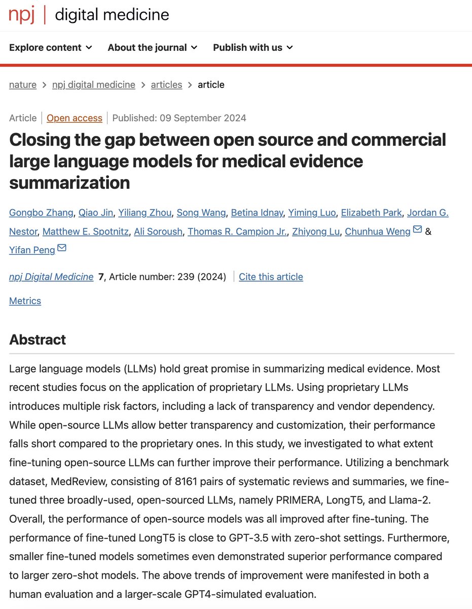 Yifan Peng (@pengyifan) on Twitter photo Our latest research on "LLMs for medical evidence summarization" has just been published in
<a href="/npjDigitalMed/">npj Digital Medicine</a>. Read here: nature.com/articles/s4174… Our latest research on "LLMs for medical evidence summarization" has just been published in
<a href="/npjDigitalMed/">npj Digital Medicine</a>. Read here: nature.com/articles/s4174…