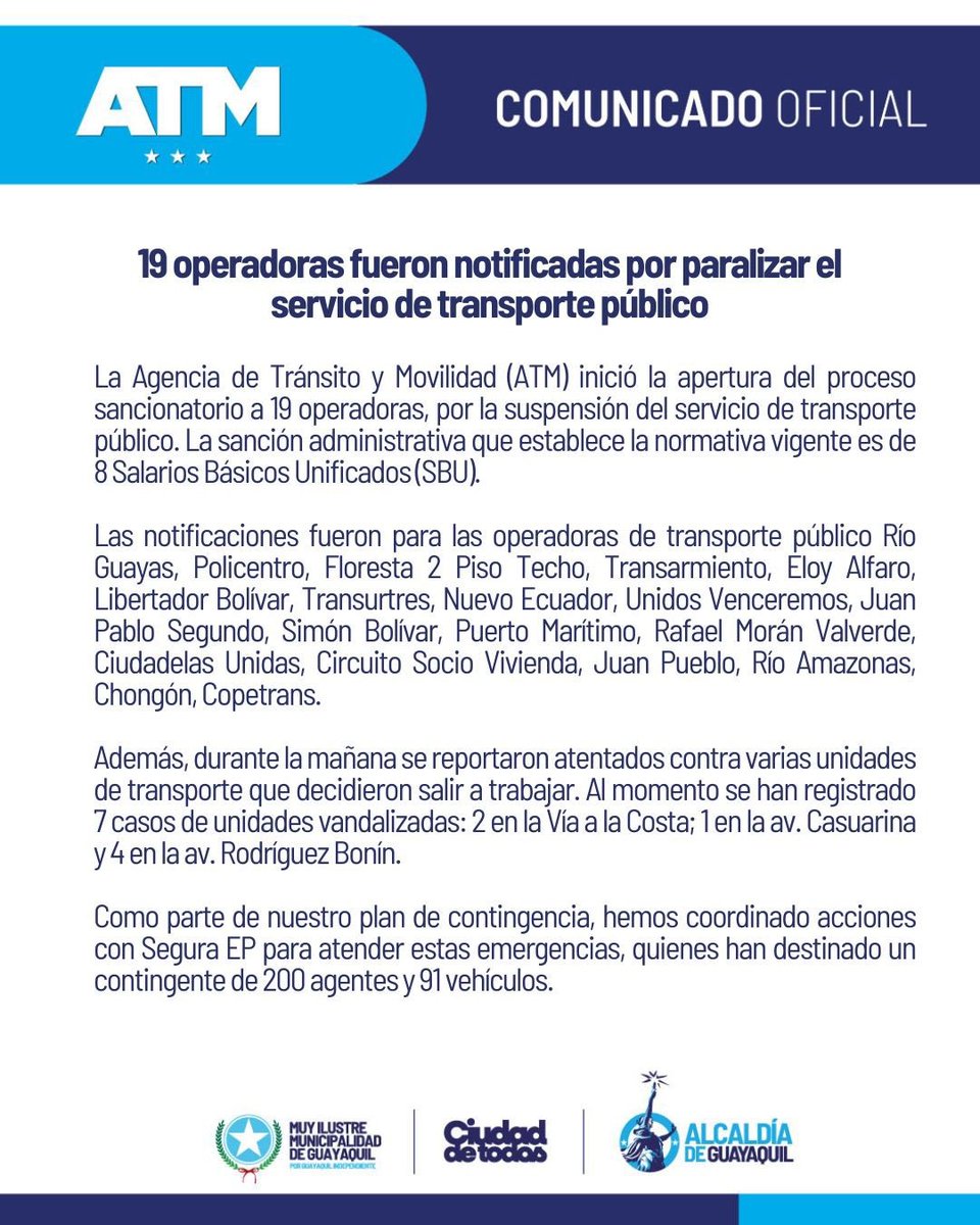CodigoDig_01of's tweet photo. #GUAYAQUIL🔴

El paro de transp urbanos en #Guayaquil es indefinido, así lo aseguró el Pdte de la #FETUG, Christian Sarmiento y enfatizó que no se retomarán las actividades hasta que el alcalde #AquilesAlvarez suba la tarifa.
Mientras la #ATMGuayaquil sancionó a 19 operadoras de. https://t.co/agiknjacUw