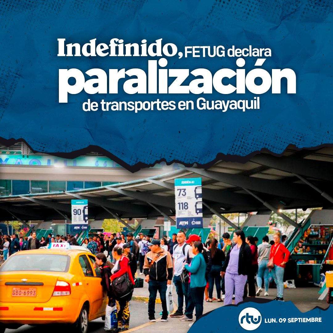 canalrtu's tweet photo. #Urgente |🚫🚌 Este lunes 9 de septiembre, la FETUG anunció la paralización indefinida de transporte público en #Guayaquil, debido a no recibir atención de las autoridades en cuanto a sus demandas. #ParoDeTransportes #ParoBuses 

🔗Ver más en #RTUNoticias: https://t.co/zRtn8Nsl2E https://t.co/JCXI38ZOc9