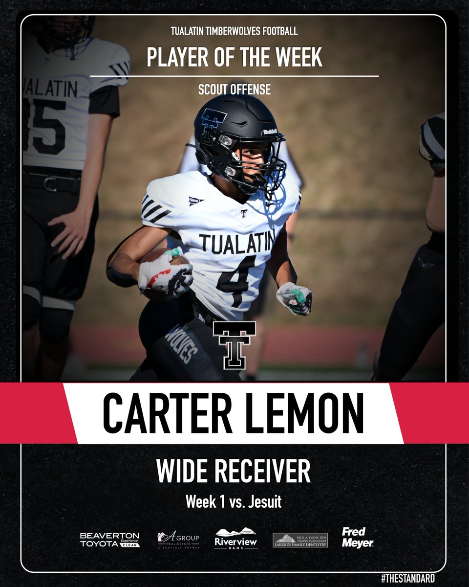 Tualatin Timberwolves Football (@tualatinhsfb) on Twitter photo 🏆 WEEK 1 PLAYERS OF THE WEEK vs. JESUIT
BAT Award - <a href="/_lukeschwab_/">Luke Schwab</a>
Stick of the Week - <a href="/TyFlowers9/">Ty Flowers</a>
Scout O - <a href="/LemonCarte34777/">Carter Lemon</a>
Scout D - Cody Hartley
Well done, fellas!
#TheStandard
📸 K2 Digital Photo 🏆 WEEK 1 PLAYERS OF THE WEEK vs. JESUIT
BAT Award - <a href="/_lukeschwab_/">Luke Schwab</a>
Stick of the Week - <a href="/TyFlowers9/">Ty Flowers</a>
Scout O - <a href="/LemonCarte34777/">Carter Lemon</a>
Scout D - Cody Hartley
Well done, fellas!
#TheStandard
📸 K2 Digital Photo