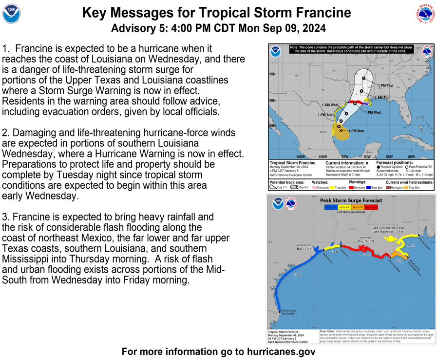 NHC_Atlantic's tweet photo. 4pm CDT: #Francine quickly strengthening.  Hurricane Warnings and Storm Surge Warnings issued for portions of Gulf Coast.  Preparations to protect life and property should be rushed to completion.

See https://t.co/tW4KeGe9uJ for the latest updates https://t.co/iBJbkMwu7z