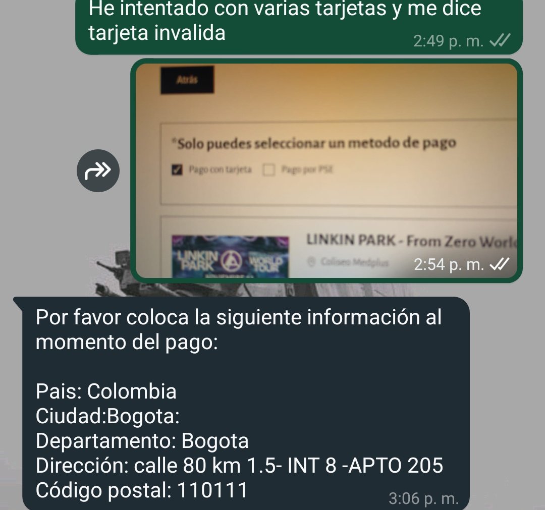 maliciaccs's tweet photo. @gemanepa_ @iLuaXD @taquillalive @linkinpark No sé si te sirva, usando esta dirección me dejó pasar la tarjeta internacional https://t.co/hAPf5sTjDV