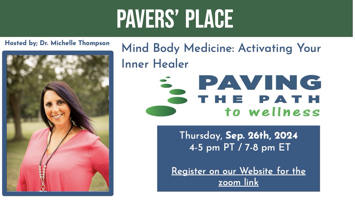 We are back with another Pavers Place session!

When? Thursday, Sept 26th at 7:00pm (ET)

Where? Register on our website for the zoom link @ pavingwellness.org

Dr. Thompson will conduct the connection between the mind &amp; body, providing you with practical tools and more.