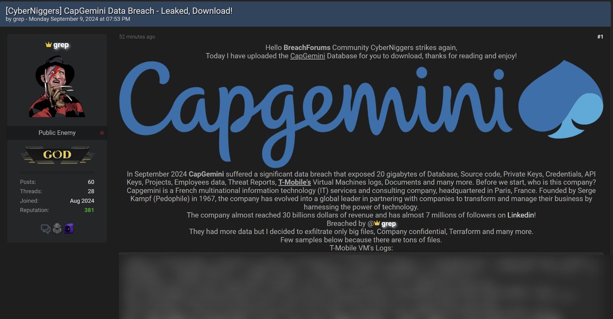🚨A Threat Actor Has Allegedly Leaked Data to Capgemini
