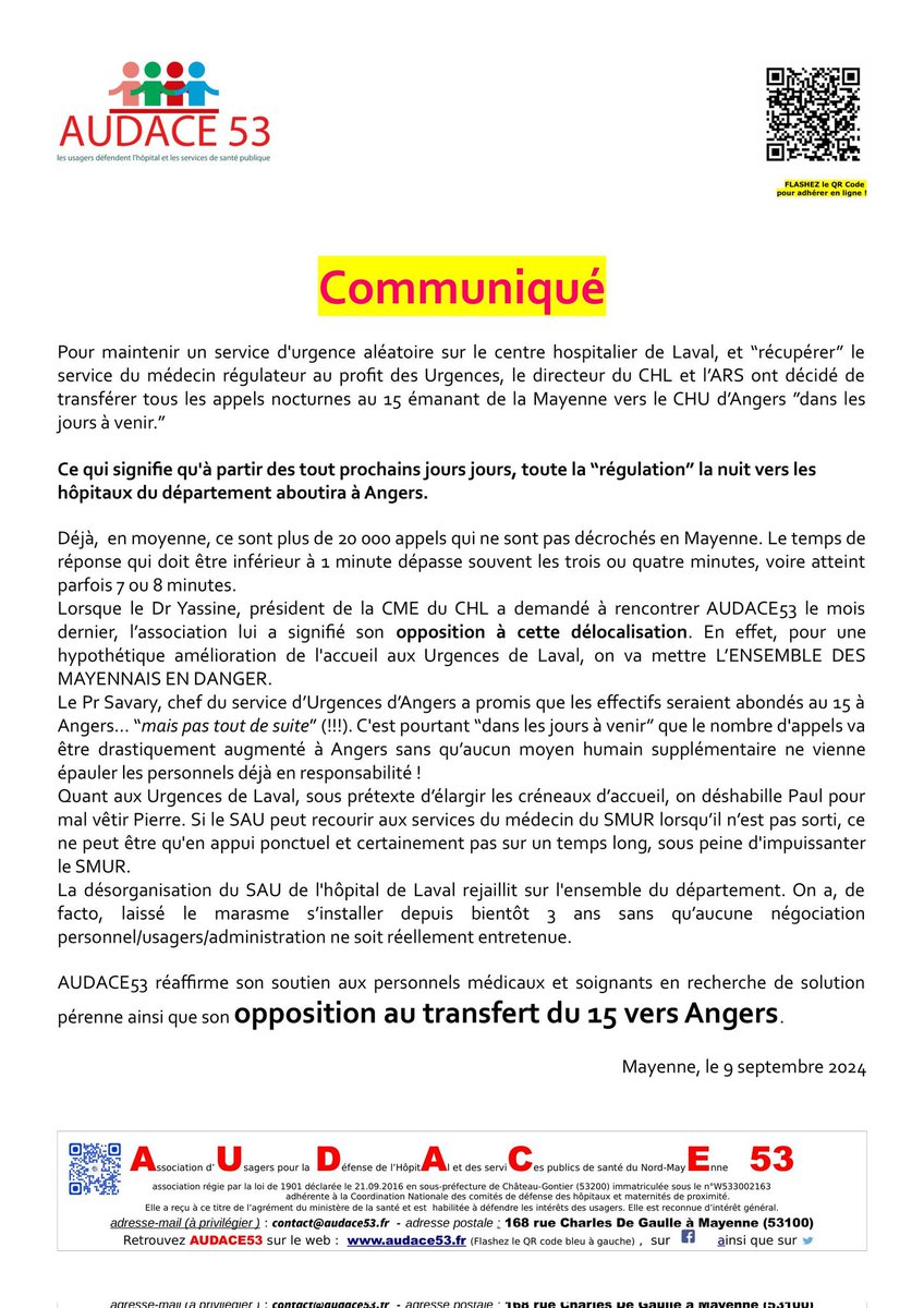 NON au déport du 15 à Angers.
Soutien aux personnels soignants et médicaux des 3 CH de la Mayenne !