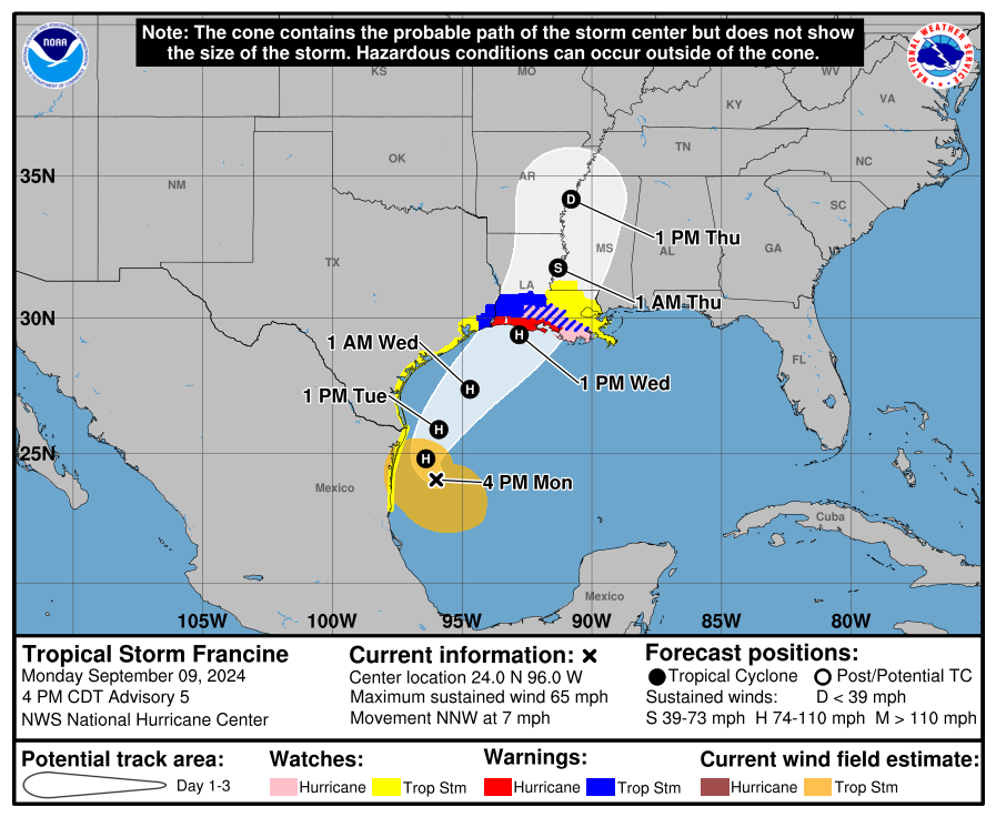 New NHC 5pm ET forecast. Intensity bumped up! Now expected to be CAT 2 100mph before landfall. Track bumped west some. Landfall now a little earlier. spaghettimodels.com