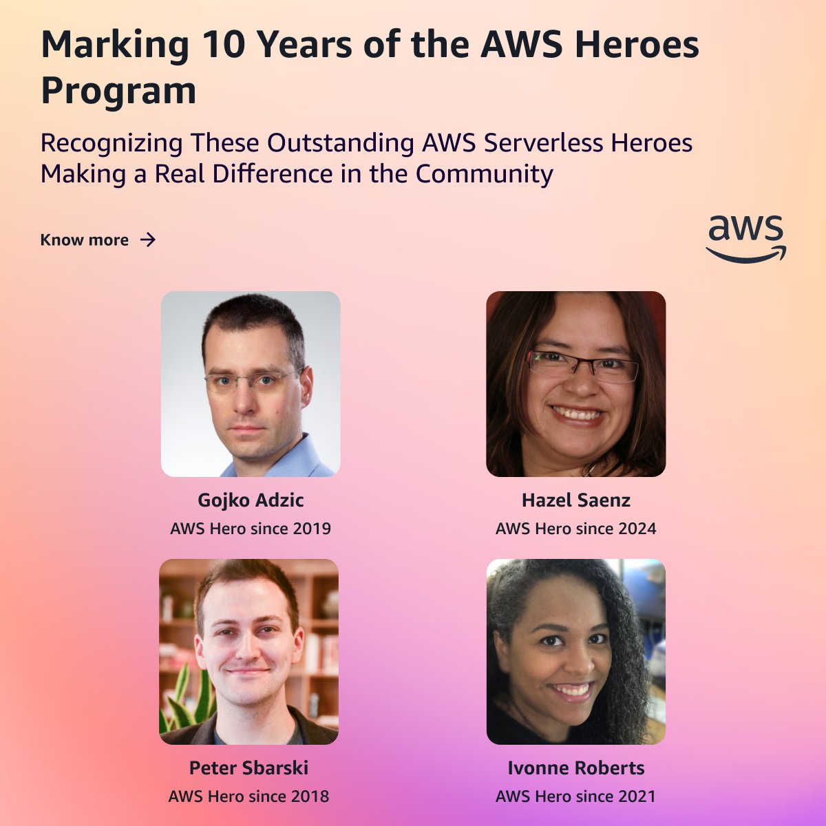 🎉 Marking 10 Years of the #AWSHeroes Program! 

Recognizing the outstanding #AWS #ServerlessHeroes who have gone above &amp; above to share their expertise &amp; make a real difference in the community. 

👉 Gojko Adzic
👉 Hazel Saenz
👉 Peter Sbarski
👉 Ivonne…