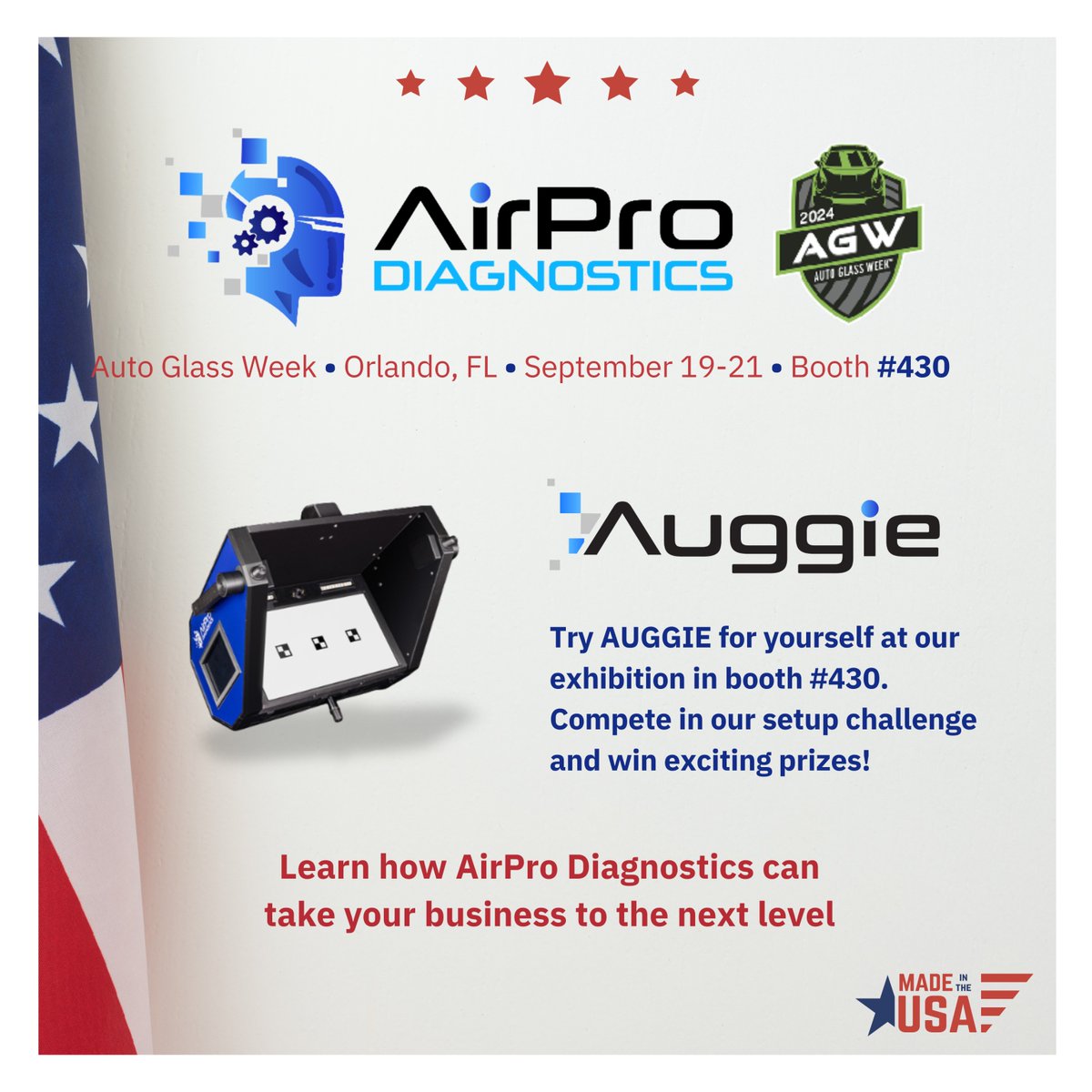 We're almost one week away…Auto Glass Week 2024 is September 19-21!
Stop by AirPro Diagnostics booth #430 for exclusive demos of our latest tech.

Don’t miss out—sign up for your demo now! airprodiagnostics.com/agw2024/  #AGW2024 #AUGGIE #AutoGlassWeek