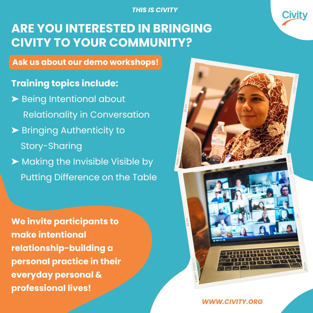 ThisIsCivity's tweet image. Interested in bringing civity to your community? Ask us about our demo workshops! Civity trainings build participants’ capacity and skills to reach out intentionally and authentically to people who are different.
#thisiscivity #civity #bridging #weallbelong #listenfirst #workshop