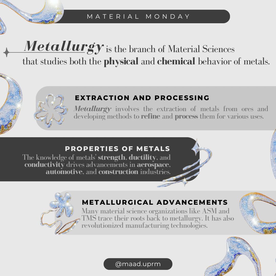It’s Material Monday! 🪩 

Metallurgy is the science of transforming metals into strong, durable tools that shape everything around us—vital for innovation in industries like construction and tech!

-MaAd UPRM Team🚀