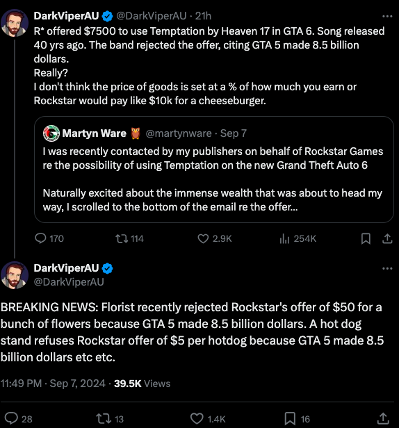 GTAForumsLs's tweet photo. Then R* can make their music by hiring musicians at standard rate n fill game w/ songs no one cares about. This take's fucking r*tarded. R* is trying to buy something by getting these specific songs, the fact they want to underpay is just them being huge corpos. Don't get cucked. https://t.co/lbyi5OLcuF