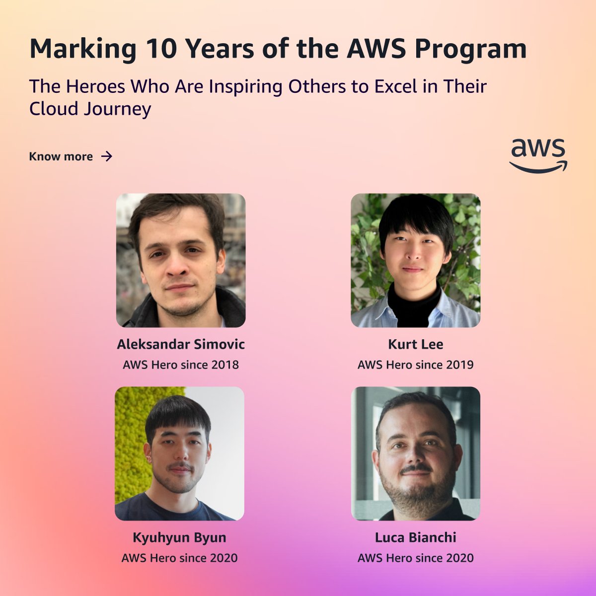 <a href="/sbarski/">Peter Sbarski</a> <a href="/ivlo11/">Ivonne Roberts - @ivlo11@awscommunity.social</a> <a href="/austencollins/">Austen Collins</a> <a href="/jeremy_daly/">Jeremy Daly</a> <a href="/kperreault95/">Kristi Perreault</a> <a href="/EllerbyBen/">BenEllerbyTech</a> <a href="/metaskills/">Ken Collins</a> <a href="/petehanssens/">Peter Hanssens is building solutions!</a> <a href="/astuyve/">AJ Stuyvenberg</a> These heroes are work hard and inspire others to excel in their cloud journey: 

👉 Aleksandar Simovic
👉 Kurt Lee
👉 Kyuhyun Byun
👉 Luca Bianchi