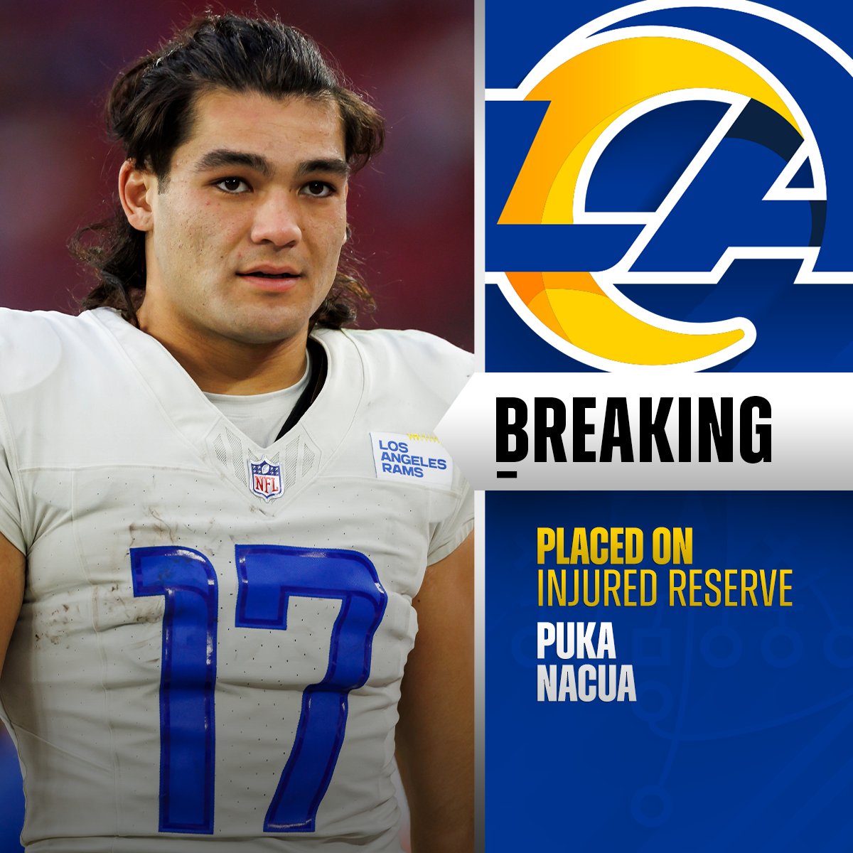 NFL's tweet photo. Rams WR Puka Nacua (knee) will be placed on injured reserve, will miss at least four games. https://t.co/gcUyxeTbzJ