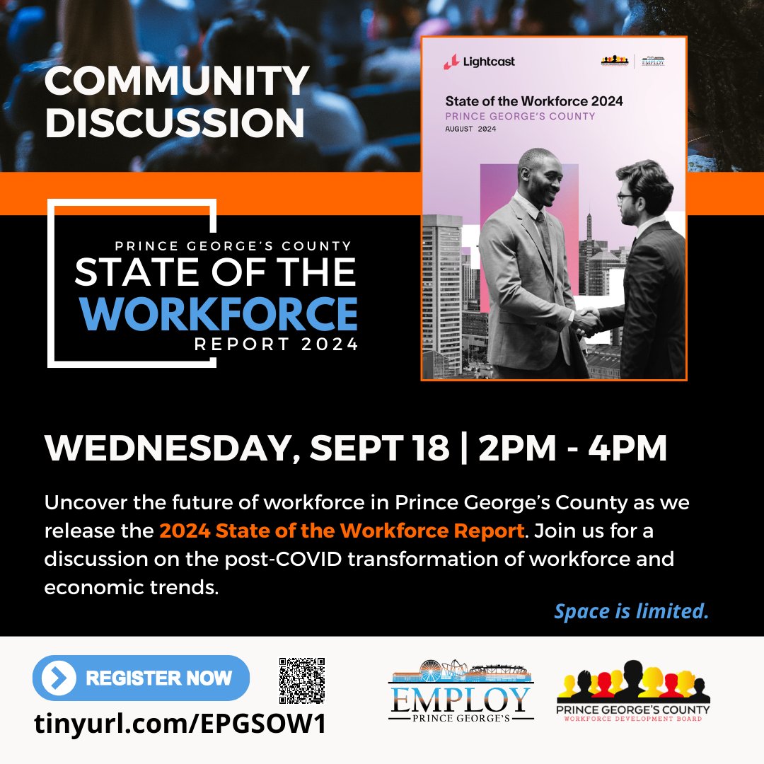 Discover the future of the workforce! Join us and the Prince George’s County Workforce Development Board on September 18 for the release of the 2024 State of the Workforce Report with nationally recognized labor economist, Dr. Christopher Laney. Engage in a community discussion