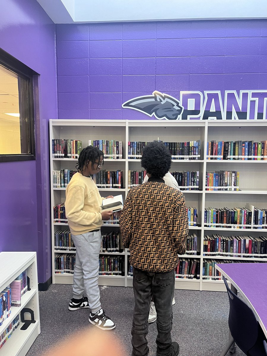 My students were excited to check out books again in our school library!!! <a href="/HudsonMiddleS/">Hudson Middle</a> #PanthersLead