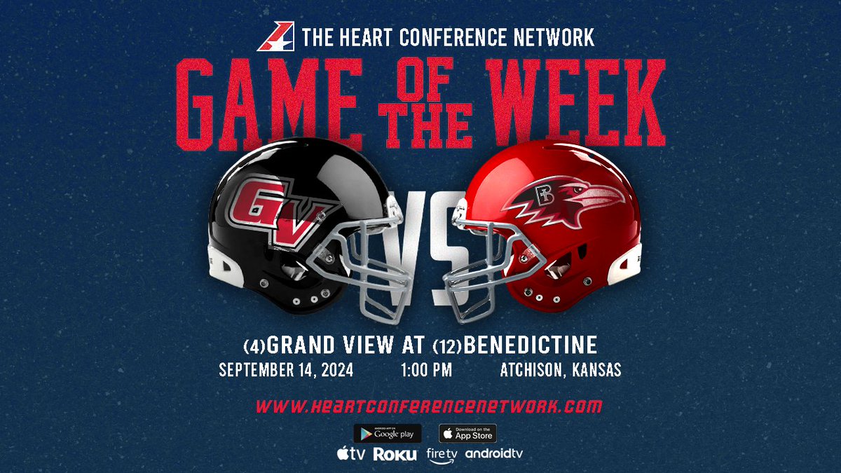 🏈, The second Heart Conference Network Game of the Week has been announced!

No. 4 <a href="/VikingAthletics/">Viking Athletics</a> at No. 12 <a href="/ravenathletics/">Raven Athletics</a>!

Kickoff is set for 1 pm in Atchison, KS!

Watch on the Heart Conference Network!

heart.prestosports.com/sports/fball/2…