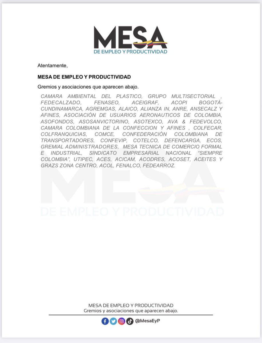 La <a href="/MesaEyP/">Mesa de Empleo y Productividad</a> compuesta por 37 agremiaciones que representan trabajadores, empresarios, comerciantes y emprendedores de todos los sectores productivos del país, le comparte a la opinión publica su posición frente al paro y el acuerdo establecido con el Gobierno Nacional!
