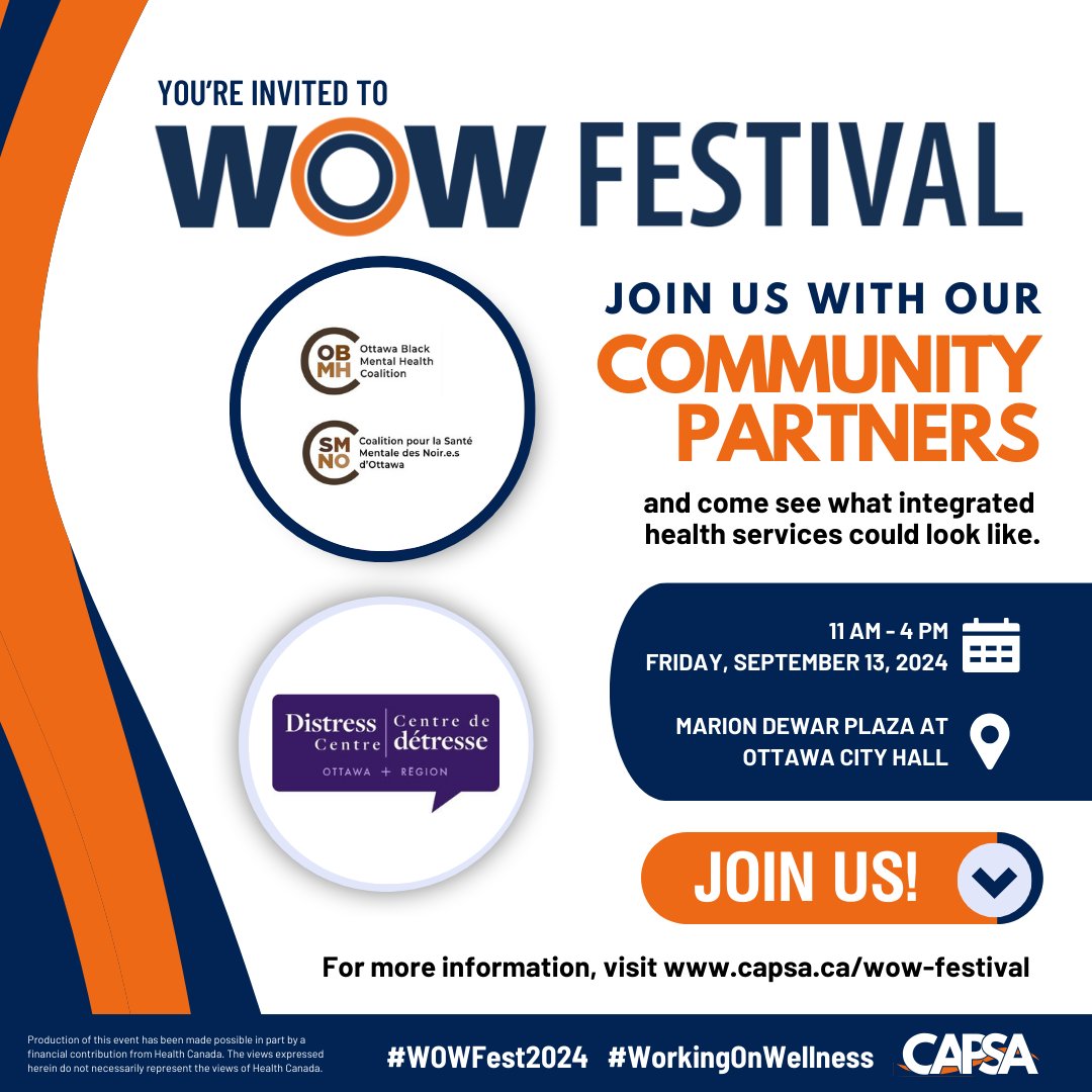 We're getting ready to welcome Ottawa Black Mental Health Coalition and @distresscentreo to #WOWFest2024 this Friday!

Come see the along with special guests, performers &amp; 100+ Community Partners at #WorkingOnWellness 

👉 RSVP: buff.ly/4fOfW3v 
#stigmaendswithme