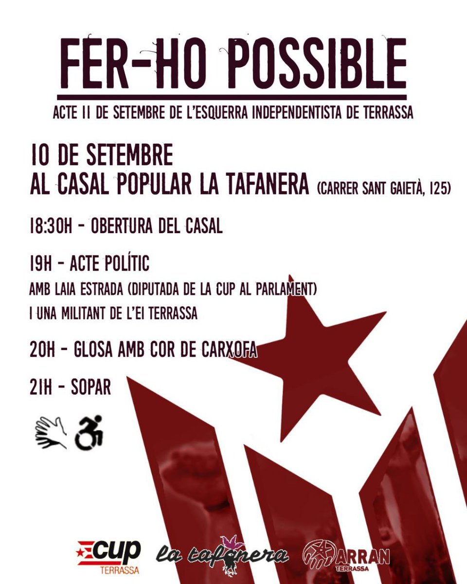 CUPTerrassa's tweet image. DIADA NACIONAL DE CATALUNYA
Demà us esperem per seguir construint #independència 
Amb @EstradaLaia i @CordeCarxofa: la Marta Gispert i la Gemma Balaguer &quot;Fardatxa&quot; a la glosa i l&apos;Iu Boixader a la música.
I arrossada popular a càrrec de @latafaneratrs
#femhopossible
#unitatpopular