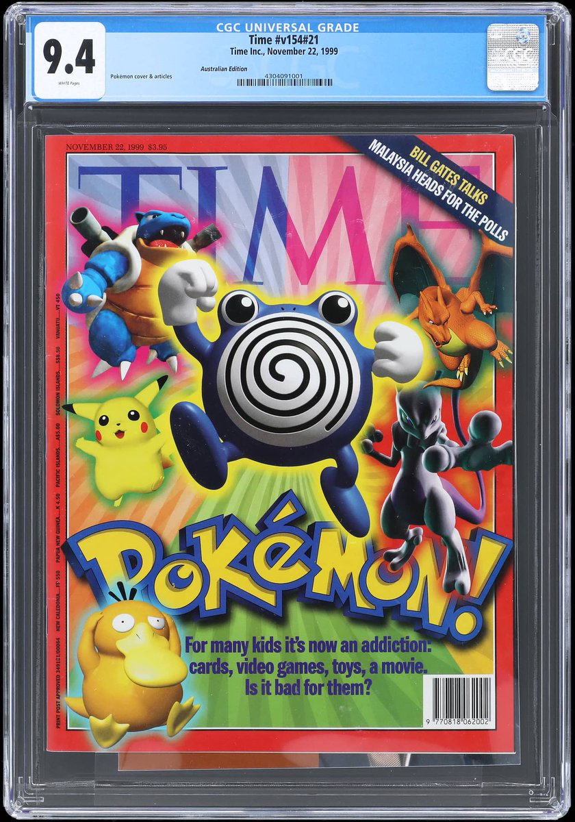 The highest-graded 1999 Pokmon-related mainstream magazine to hit the auction block! This Nov. 22, 1999 Time Magazine Pokmon 1st Cover (Australian Edition Variant) - Pop 1, None Higher - Historic Early The highest-graded 1999 Pokmon-related mainstream magazine to hit the auction block! This Nov. 22, 1999 Time Magazine Pokmon 1st Cover (Australian Edition Variant) - Pop 1, None Higher - Historic Early