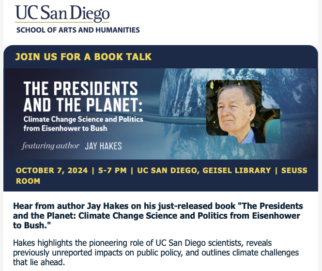 "Pioneering role of UC San Diego scientists"....

We wonder if he'll mention that UC San Diego still emits over 200,000 tons of carbon dioxide per year from burning fracked methane in its power plant and buses while the Chancellor adds new buildings costing around $5 billion.