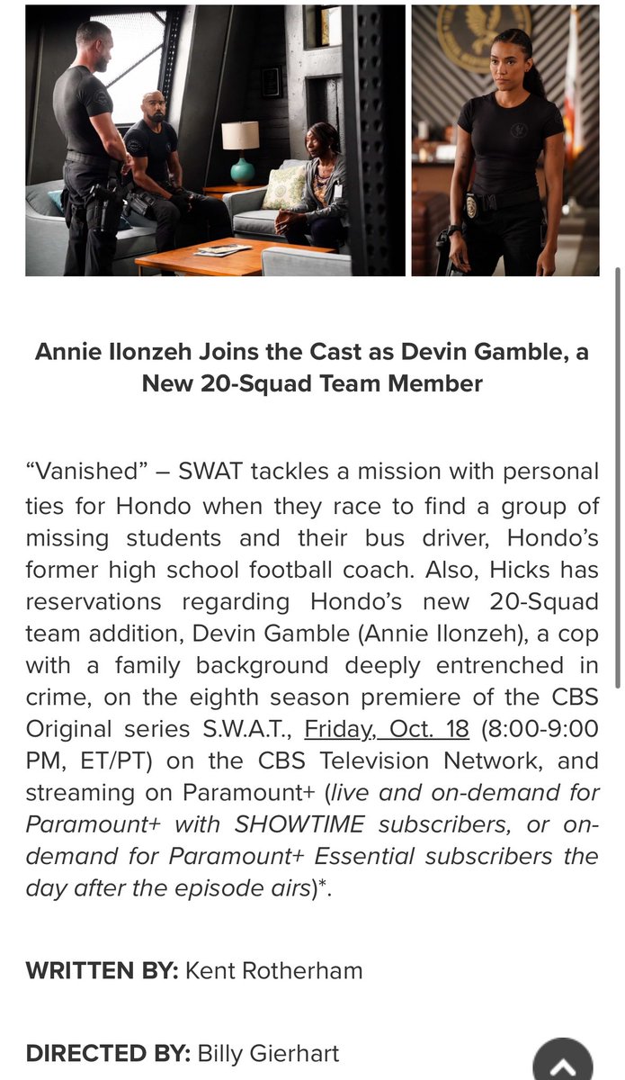 hightechcs's tweet photo. ‼️ #SWAT 8x01 “Vanished” press release #rollswat
#SWATSeason8 premieres Oct 18th on @swatcbs. https://t.co/fbTUqA6mnl