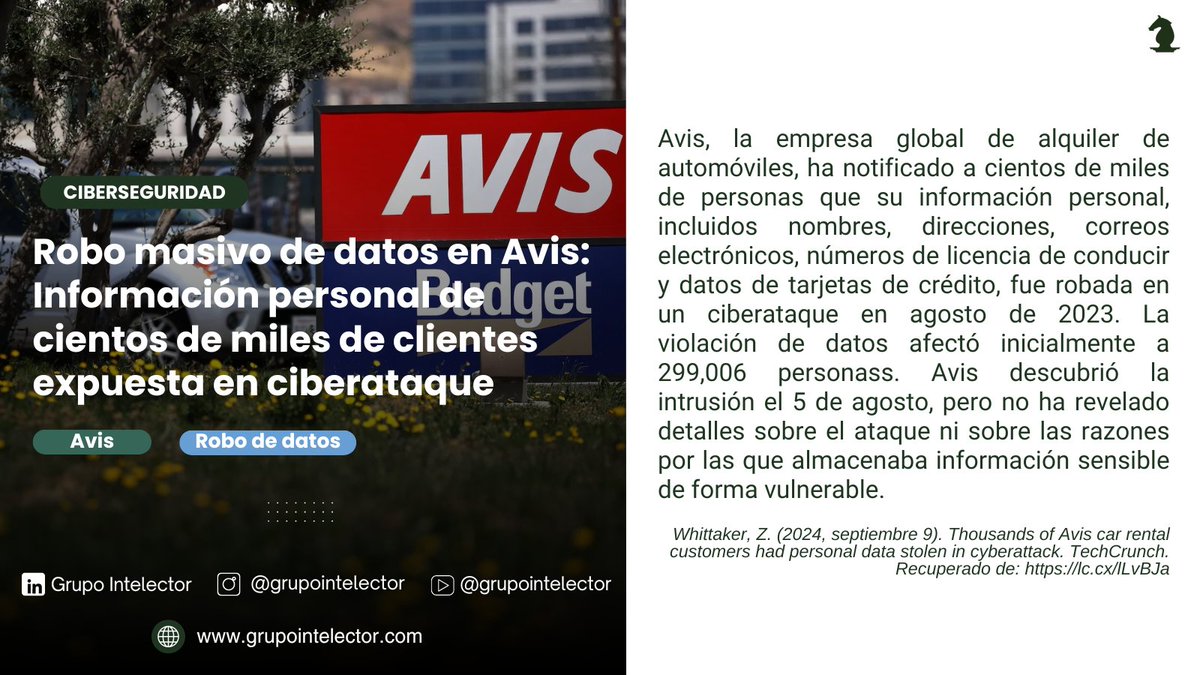 GIntelector's tweet image. Cientos de miles de clientes de Avis afectados por un ciberataque que expuso información personal sensible. ¿Cómo están protegiendo tus datos las empresas? 
Nota completa: lc.cx/lLvBJa
#Ciberseguridad #RoboDeDatos #Intelector