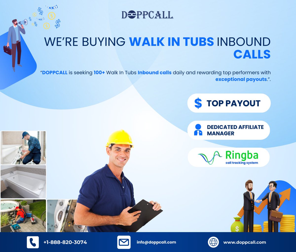 doppcall's tweet image. 🚀Publishers Wanted🚀

We need 100+ Walk In Tubs Inbound calls every day. We're providing Top Payouts and Weekly Payments.

📧 info@doppcall.com
☎️ +1-888-820-3074 or +1-888-412-1994
🌐 doppcall.com/publisher/sign…

#HomeServiceLeads #InboundCall