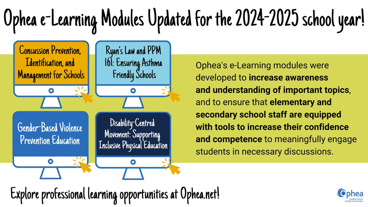 Ophea is pleased to offer FREE self-directed e-Learning modules to support school staff in meaningfully engaging with students and fostering the development of safer learning environments for #EveryStudent! Explore the 2024/2025 updated modules: bit.ly/OpheaProfessio…