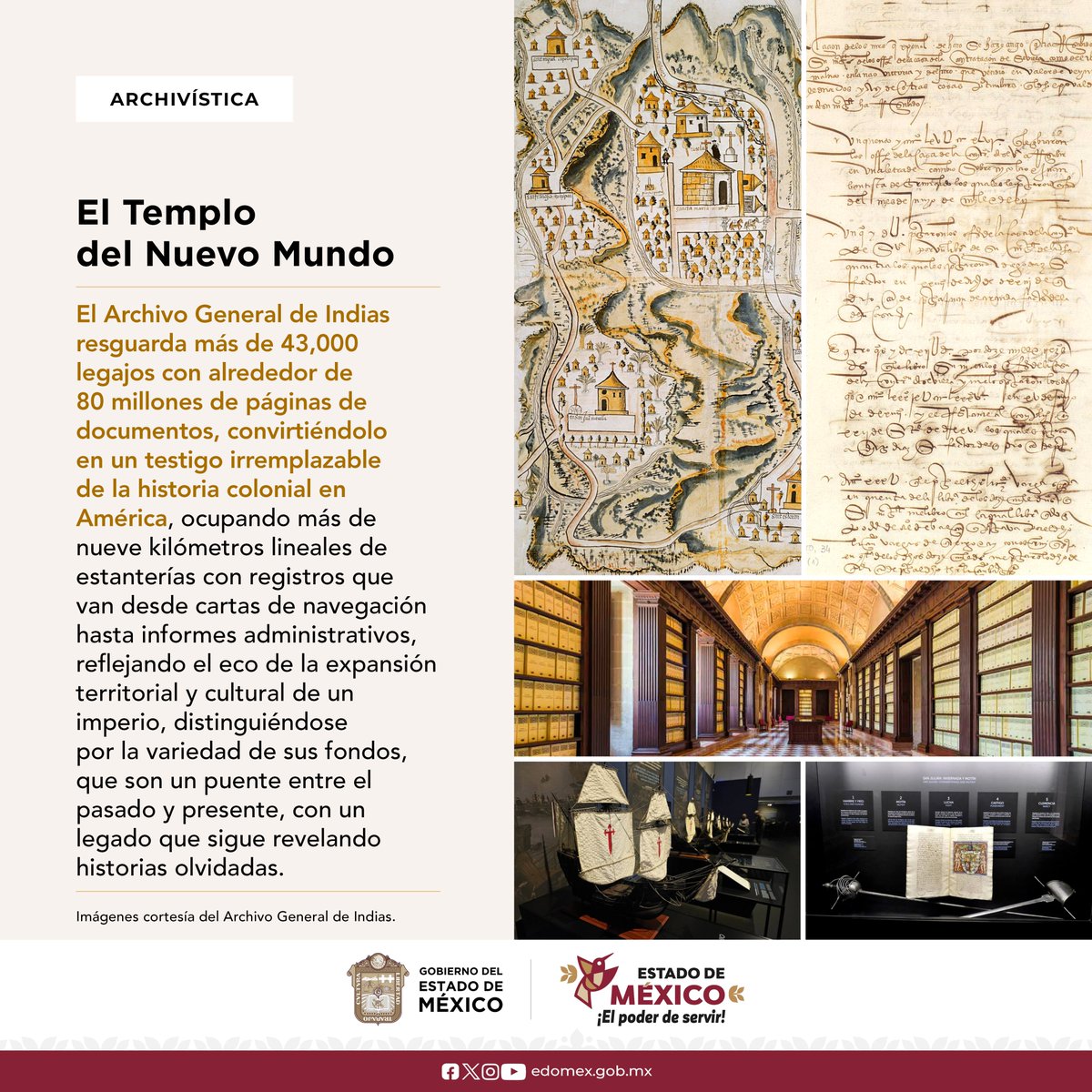 agem_mex's tweet photo. El #ArchivoGeneralDeIndias de @ArchivosEst alberga uno de los #acervos más impresionantes de la historia colonial de #América; declarado “Patrimonio de la Humanidad” por la @UNESCO, este espacio resguarda la memoria viva de la conquista e independencia del #NuevoMundo. #AGEMÉX https://t.co/uqLiT0DLyO