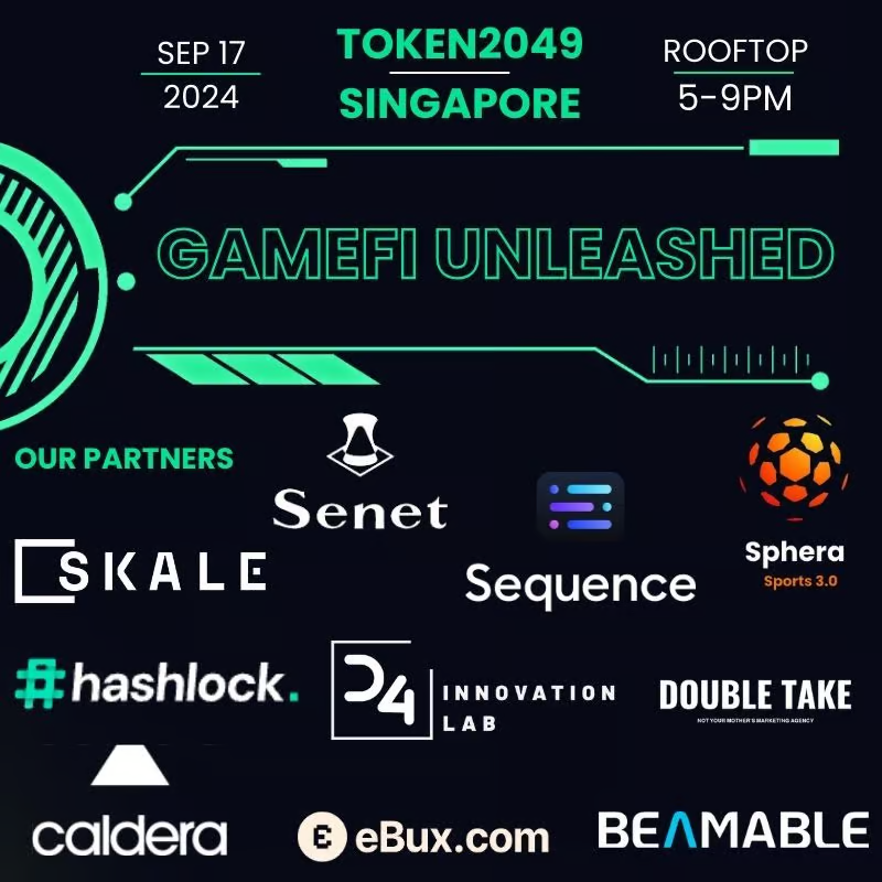 SkaleNetwork's tweet photo. Calling all gamers, developers, and gaming studios in Singapore - Join SKALE at GameFi Unleashed during #TOKEN2049! 🎮

📍 Moon Rooftop Bar
🗓️ Tuesday, September 17
🥂 Gaming, drinks, &amp; snacks

Register here: https://t.co/8XBzqiHwzR https://t.co/d0bHWgWPT9