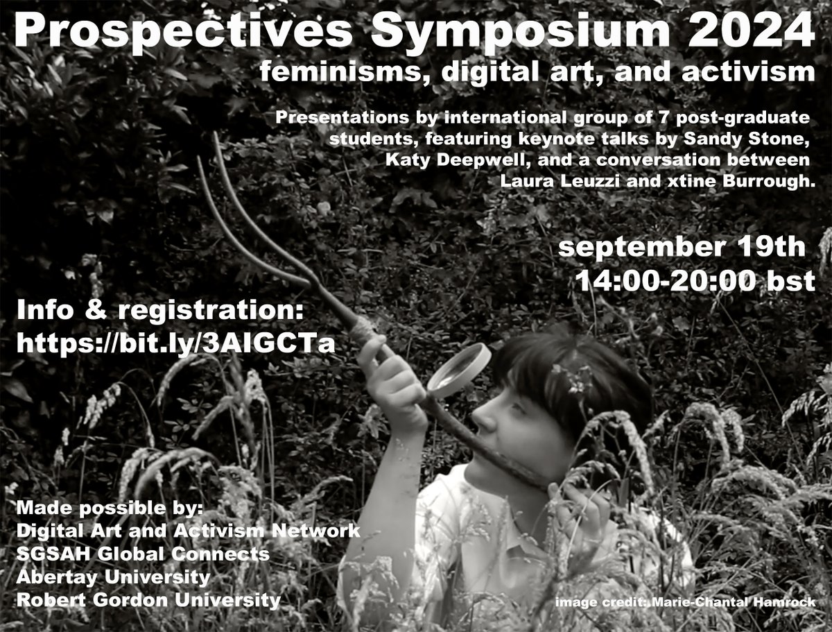 🚨 Only 1 week to go until the Prospectives Symposium 2024!

A postgraduate online event to discuss feminisms, digital art and activism!  

🗓️ Sep 19, 2-8pm BST, ONLINE  

Register here 🔗 eventbrite.com/e/prospectives……

<a href="/LauraLeuzzi/">Laura Leuzzi</a> <a href="/UT_Dallas/">UT Dallas</a> <a href="/AbertayUni/">Abertay University</a> <a href="/RobertGordonUni/">Robert Gordon University (RGU)</a>