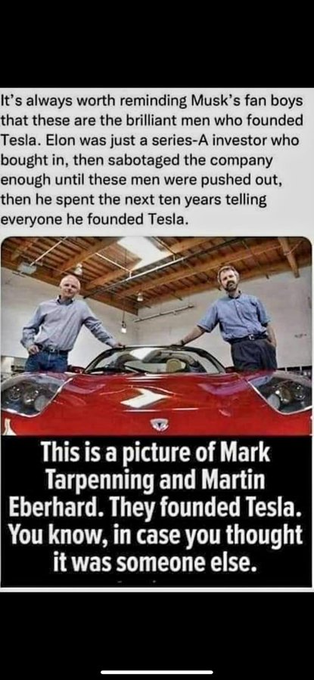 Elon Musk kicked theses guys out.  Musk didn't create Tesla.  Elon brags about his self-importance, he's<a href="/tag/debate"class="tags"><span>#debate</span></a>