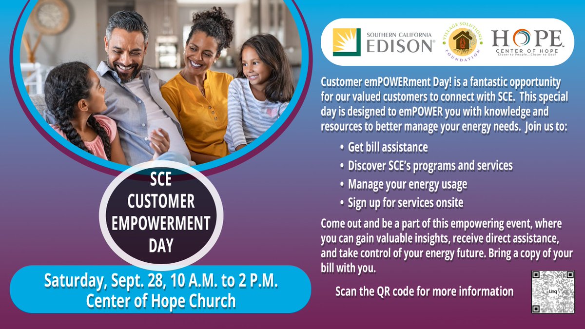 🌟 Join us for Customer EmPOWERment Day! 🌟
Empower yourself with resources to manage your energy needs during PSPS and emergencies. Bring your bill for direct assistance!
📍 Center of Hope Church, Inglewood, CA
📅 Sep. 28, 2024
🕘 10 a.m. - 2 p.m.
#CustomerEmpowermentDay#CCETeam