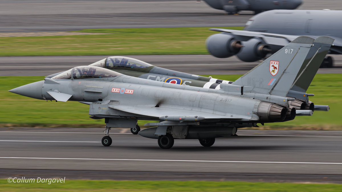 CallumDar21's tweet photo. It’s always nice to catch the @RAFTyphoonTeam here at @GPAPassenger for whenever they are here for the local air show. Here they are departing for home today after a great weekend display! 

#aviation #military #fighterjet #royalairforce #typhoon #eurofighter #prestwickairport https://t.co/UhXP1cbA5W