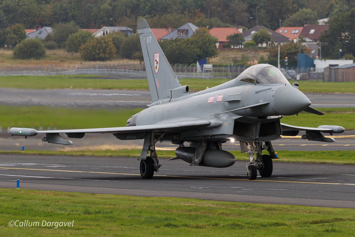 CallumDar21's tweet photo. It’s always nice to catch the @RAFTyphoonTeam here at @GPAPassenger for whenever they are here for the local air show. Here they are departing for home today after a great weekend display! 

#aviation #military #fighterjet #royalairforce #typhoon #eurofighter #prestwickairport https://t.co/UhXP1cbA5W