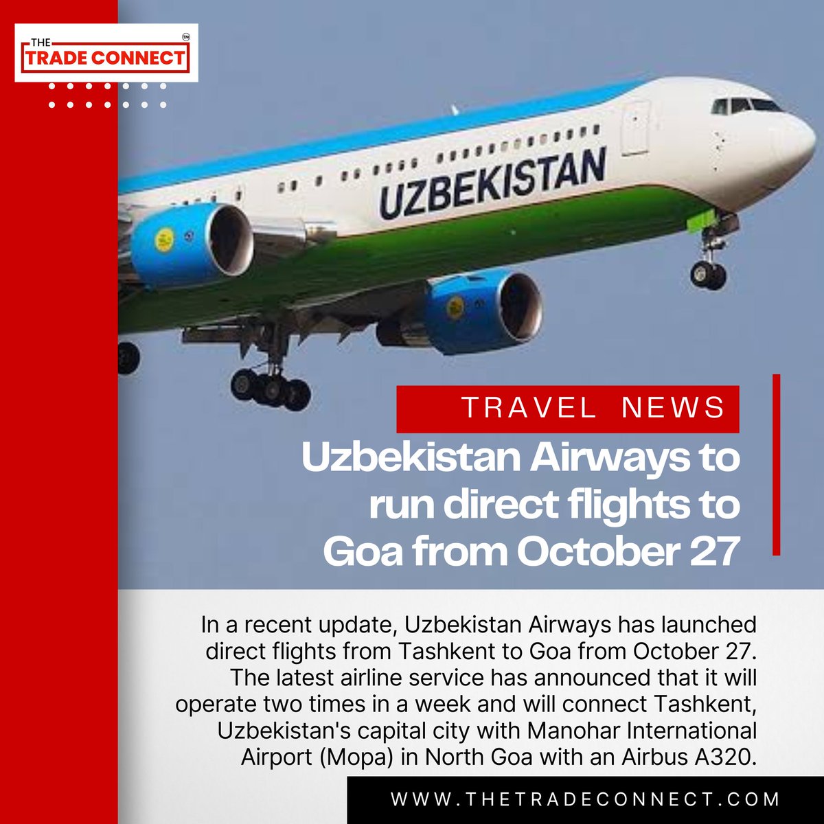 thetradeconnect's tweet photo. "Exciting news! ✈️ Uzbekistan Airways is launching direct flights to Goa starting October 27th. Get ready to explore the sun-kissed beaches and vibrant culture of Goa with this convenient new connection! 🌴 #UzbekistanAirways #TravelNews #Goa #TravelTradeNews" https://t.co/kd4mui8cSG