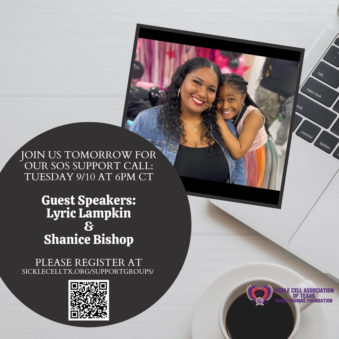 Join us tomorrow for our weekly sickle cell support meeting, where we’ll welcome Lyric Lampkin, ambassador of South Texas Blood and Tissue Center, and her mother Shanice Bishop. We can't wait to hear their inspiring story!
Register at sicklecelltx.org/supportgroups/