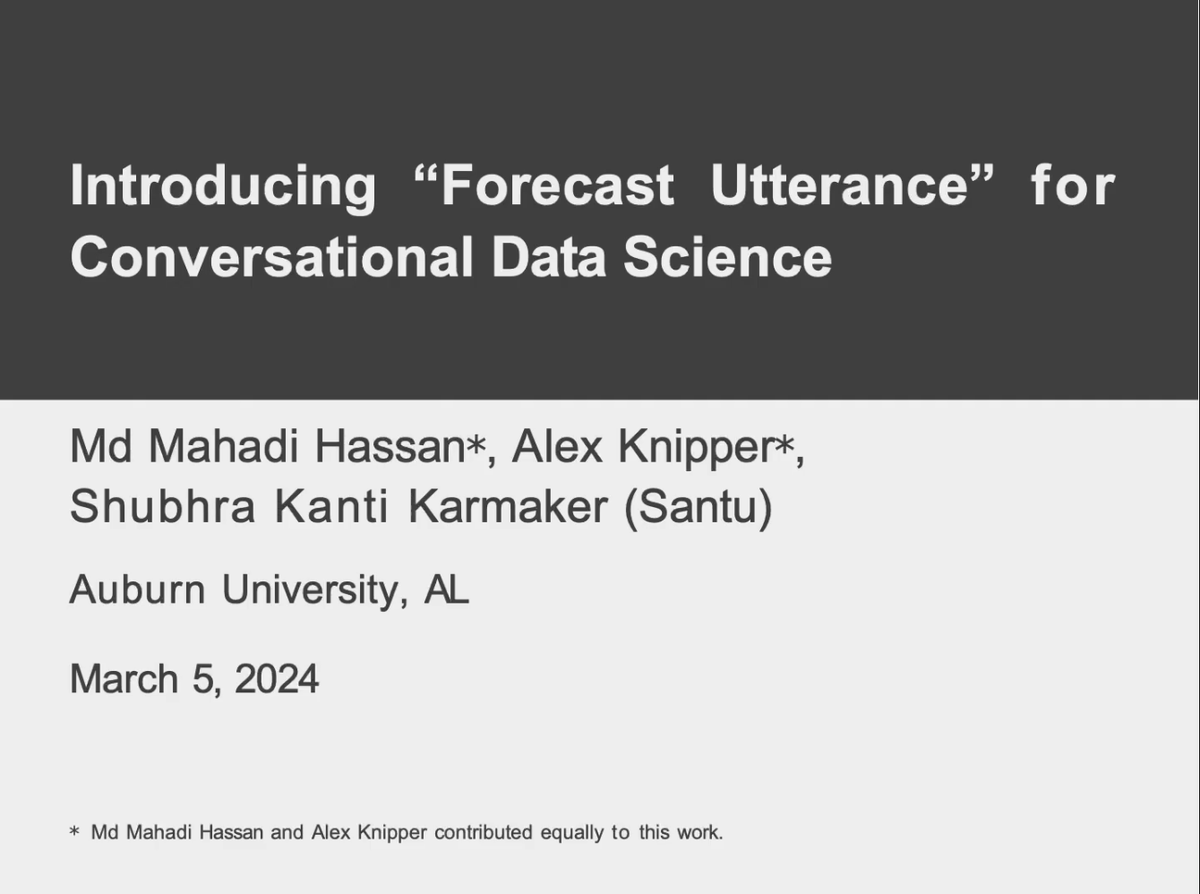 TmlrVideos's tweet photo. Introducing "Forecast Utterance" for Conversational Data Science

Md. Mahadi Hassan, Alex Knipper, Shubhra Kanti Karmaker Santu

https://t.co/AX4mBdh8ev

#answering #utterances #forecasting https://t.co/rkQbfeuD4M