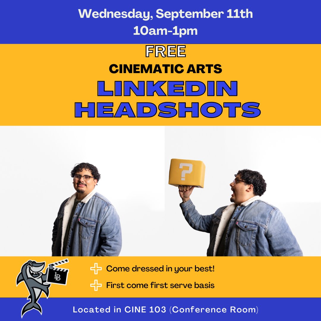 Attention #BeachFilm students! In need of an updated headshot? Check out this event our film student ambassadors are hosting this Wednesday September 11th in our CINE conference room from 10am -1pm. First come first served!  #BeachCinema #CSULBCinematicArts #CsulbCine #CSULBfilm