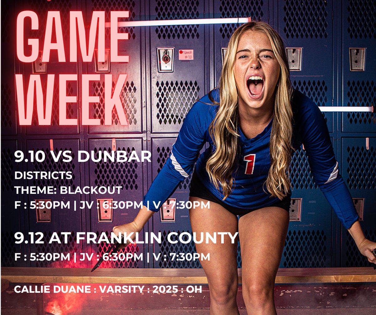 It's a BIG week of volleyball for your Generals! Up next...Dunbar. We will need everyone in the stands cheering as loud as they can. Theme for the night is Blackout.

Next, the Generals roll over to compete against a tough Franklin County team! Let's go Generals!

#NotDoneYette
