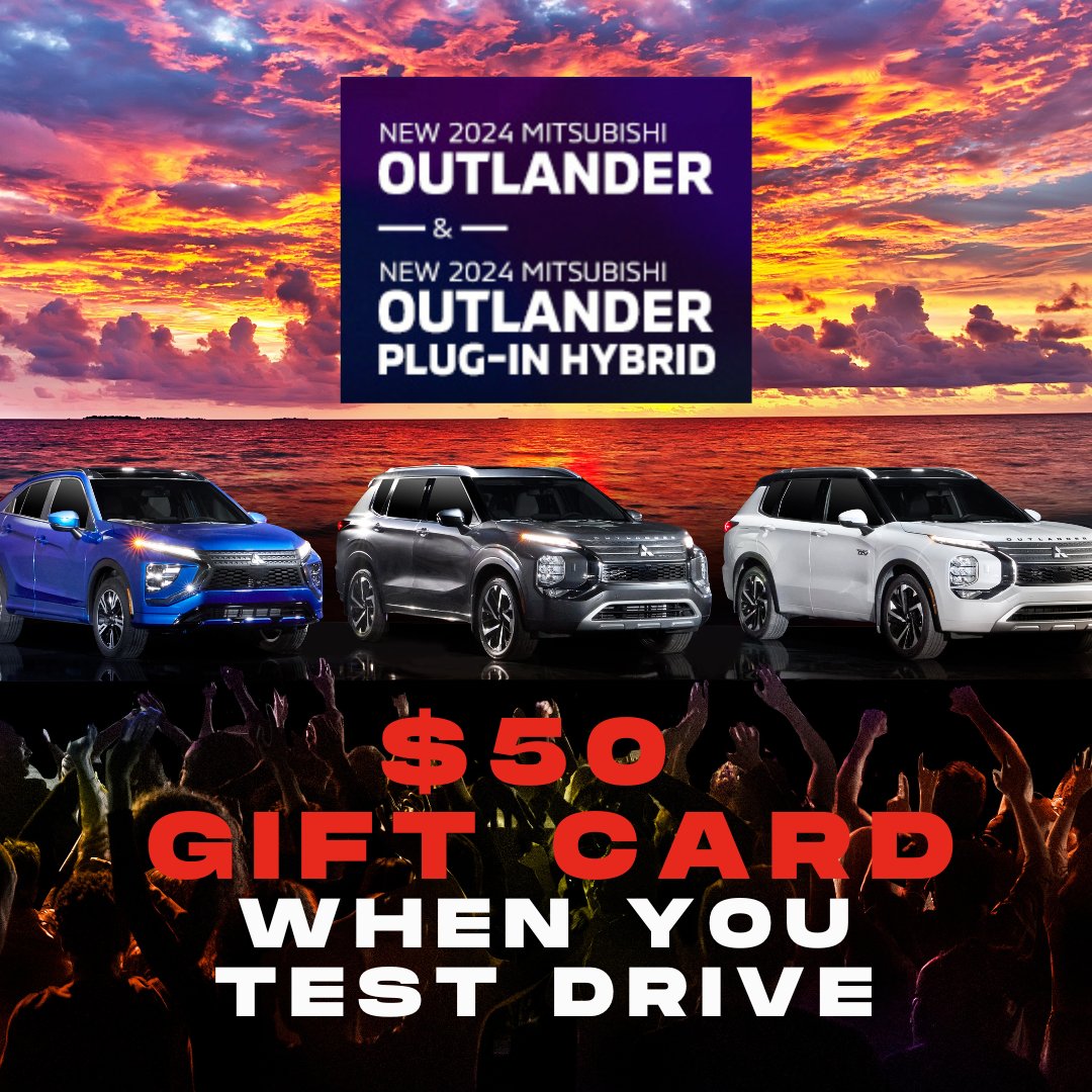 WatertownMitsu's tweet photo. Experience the thrill of driving a Mitsubishi and get rewarded! 🚗✨ Test drive the 2024 Mitsubishi Outlander or 2024 Outlander Plug-In Hybrid at Watertown Mitsubishi and receive a $50 gift card!  🎉 Find out more information: https://t.co/eDCZbeQ05f

💳 #WatertownMitsubishi https://t.co/nVEPzV3Hw4
