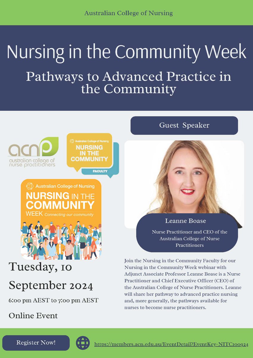 Liz Halcomb (@lizhalcomb) on Twitter photo Looking to advance your nursing practice in a community-based setting? Join us tonight for a webinar presented by Leanne Boase CEO <a href="/acnp_national/">#ACNPnational</a> to celebrate the <a href="/acn_nursing/">ACN</a> Nursing in the Community Week #nurseswhereyouneedthem <a href="/CDNMANZ/">Council Deans Nursing and Midwifery Australia & NZ</a> <a href="/anmf_federal/">ANMF - Australian Nursing Midwifery Federation</a> <a href="/APNAnurses/">APNA</a> Looking to advance your nursing practice in a community-based setting? Join us tonight for a webinar presented by Leanne Boase CEO <a href="/acnp_national/">#ACNPnational</a> to celebrate the <a href="/acn_nursing/">ACN</a> Nursing in the Community Week #nurseswhereyouneedthem <a href="/CDNMANZ/">Council Deans Nursing and Midwifery Australia & NZ</a> <a href="/anmf_federal/">ANMF - Australian Nursing Midwifery Federation</a> <a href="/APNAnurses/">APNA</a>