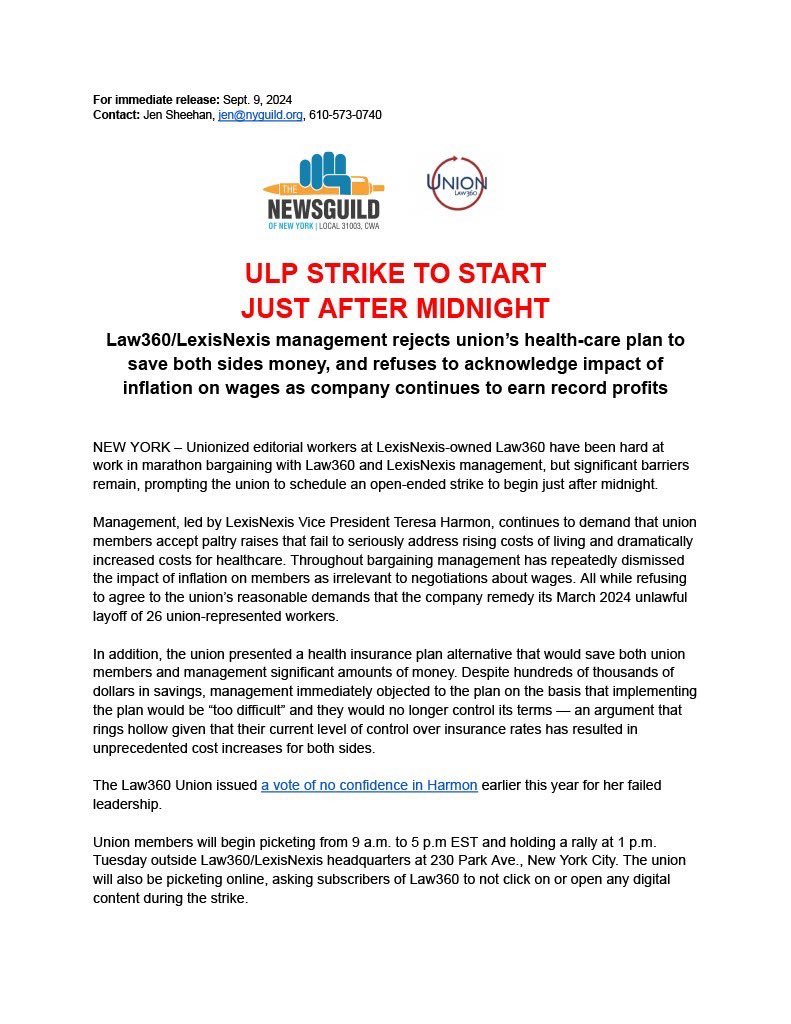 law360union's tweet image. TIME’S UP @Law360 and @LexisNexis: We’ve offered you plenty of opportunities to reach a fair contract and remedy your unlawful practices at the table but tonight, just after midnight, we will walk off the job on an open-ended ULP strike.