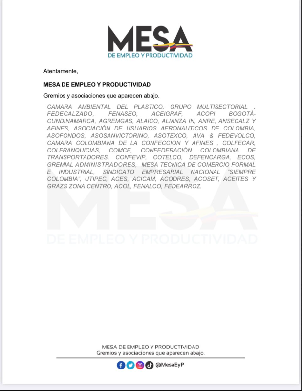 La
<a href="/MesaEyP/">Mesa de Empleo y Productividad</a>
compuesta por 37 agremiaciones que representan trabajadores, empresarios, comerciantes y emprendedores de todos los sectores productivos del país, le comparte a la opinión publica su posición frente al paro y el acuerdo establecido con el Gobierno Nacional!