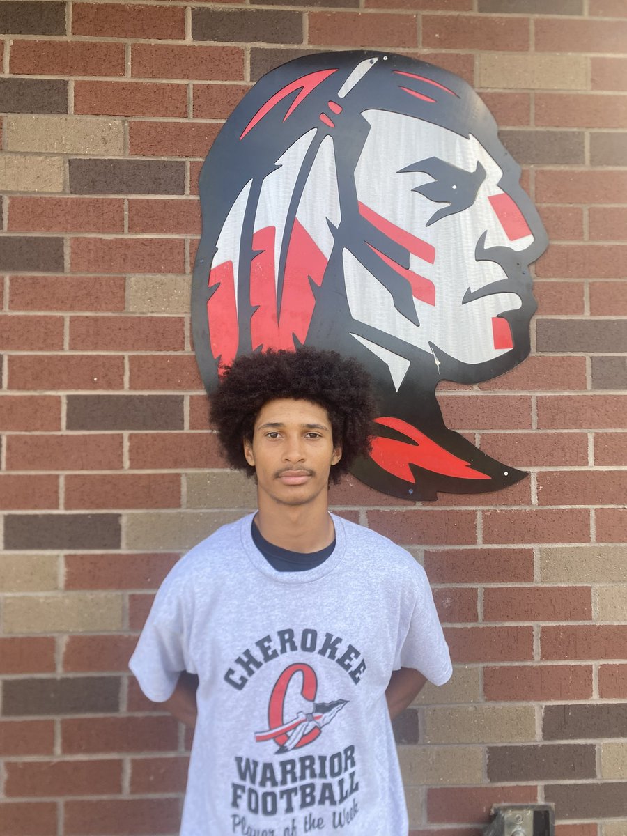 WarriorsCHS's tweet photo. Cherokee Football Presents:
The @buffalos_cafe 
Offensive Player of  Week 4
vs Lambert:
@Malakiahechols

Mal made plays in the passing game and brought in 2 TD receptions Friday!

Huge #ThankYou to Buffalo’s in Canton for sponsoring our POW Awards! https://t.co/qRCMdg6y6s