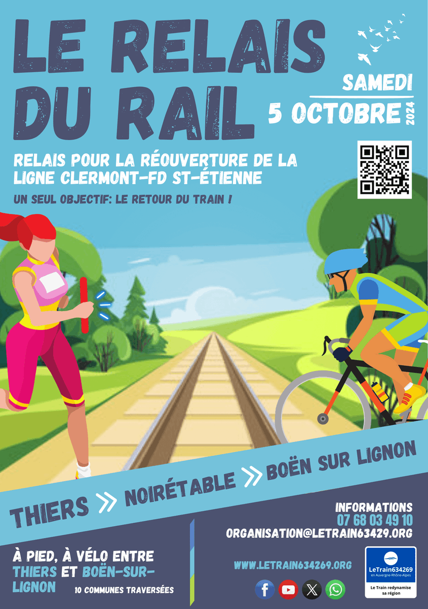 trainsAuvergne's tweet photo. ➡️le samedi 5 octobre 2024, l'association @letrain634269 organise une action en faveur de la réouverture de la ligne ferroviaire Clermont-Fd - St-Étienne "Le Relais du Rail" un parcours à pied, à vélo entre Thiers et Boën-sur-Lignon. https://t.co/SER7ifaGfV