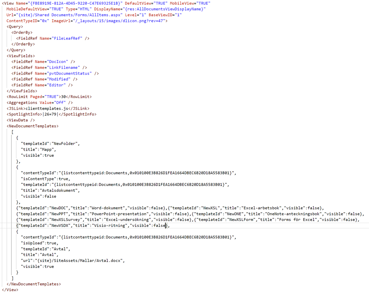 PatrikHellgren's tweet photo. @kasperbolarsen In a PnP Provisioning template you can use the following  View xml node to do what you want. I have formatted the json to make it easier to read but I always keep the NewDocumentTemplates element on one line.
1/2 https://t.co/0xJc7s1X48