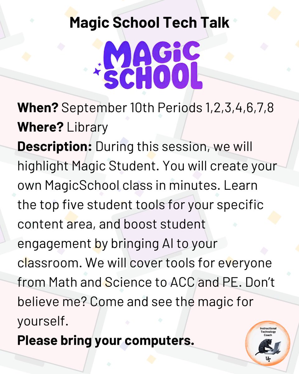 UTpantherpause's tweet photo. Tomorrow’s the day! We’ll be looking at Magic Student on @magicschoolai 🙌🏻 https://t.co/jvHiyRvvDV