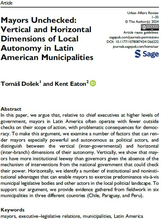 tomdosek's tweet photo. 👇🏽📝 ¿Cómo son las relaciones ejecutivo-legislativo en los municipios de América Latina?
Escribimos con #KentEaton en @UrbanAffairsRev sobre el poder de lxs alcaldes(as) en los gobiernos locales de 🌎
Argumentamos que en general gozan de bastante autonomía (y poder)... mini🧵👇🏽 https://t.co/5dqwiBIKFv